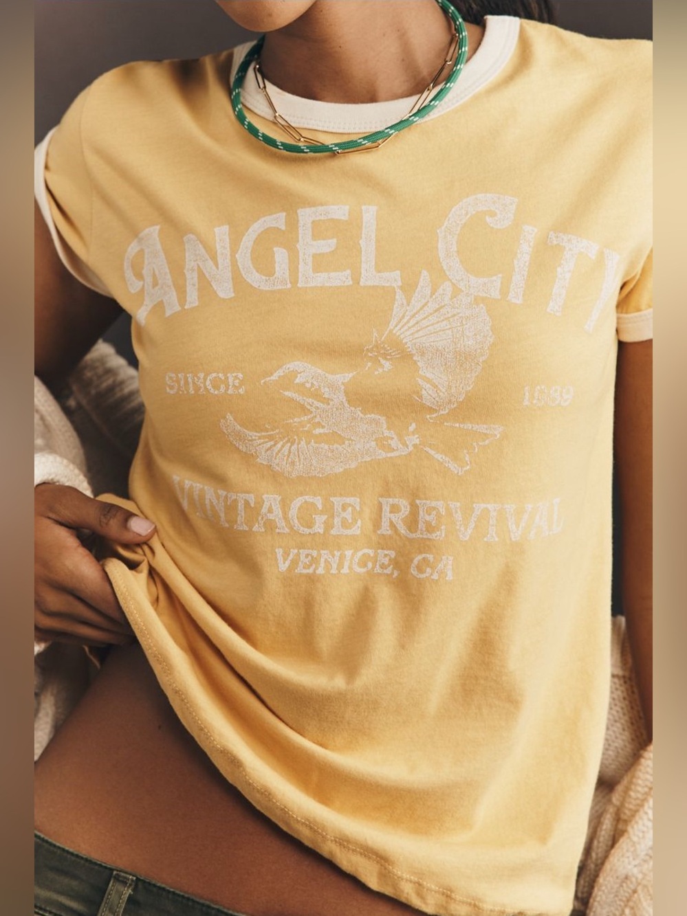 Letluv Angel City Vintage Revival Yellow Graphic Ringer Tee, XS, NWT - Picture 3 of 4